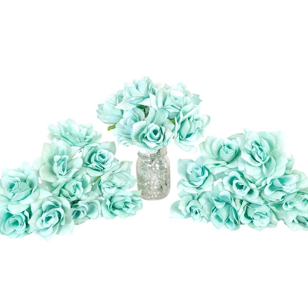 29 Aqua Artificial Roses 3 Inch Fluffy Silk Flower Mint Teal Wedding Craft Decor